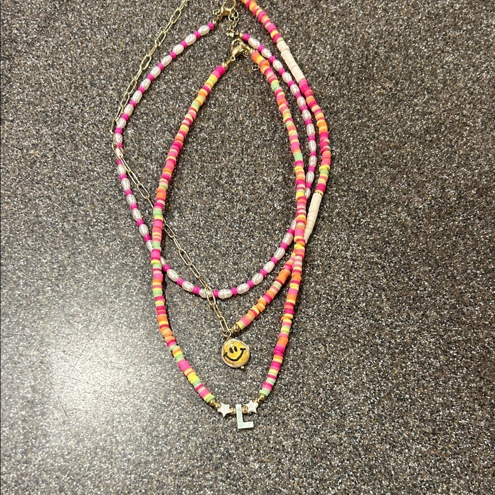 Colorful Beaded Necklace with Smiley Charm